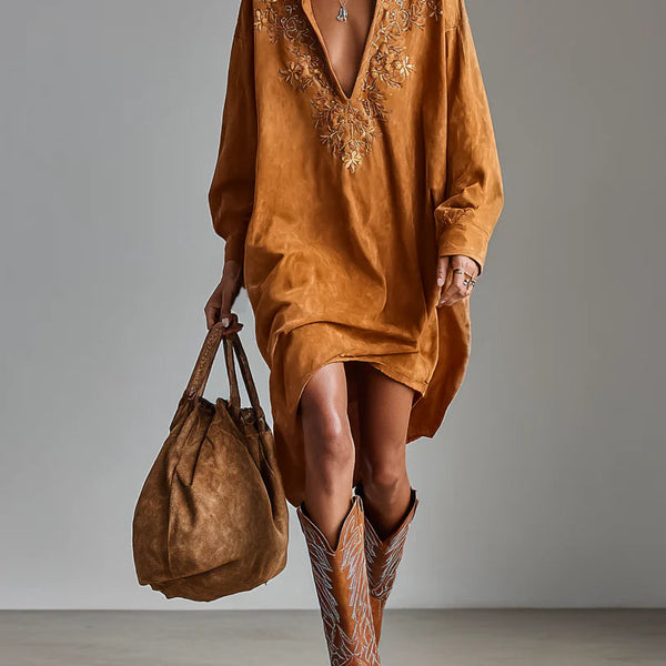 Sybil | Loose Lapel V-Neck Printed Long-Sleeved Midi Dress