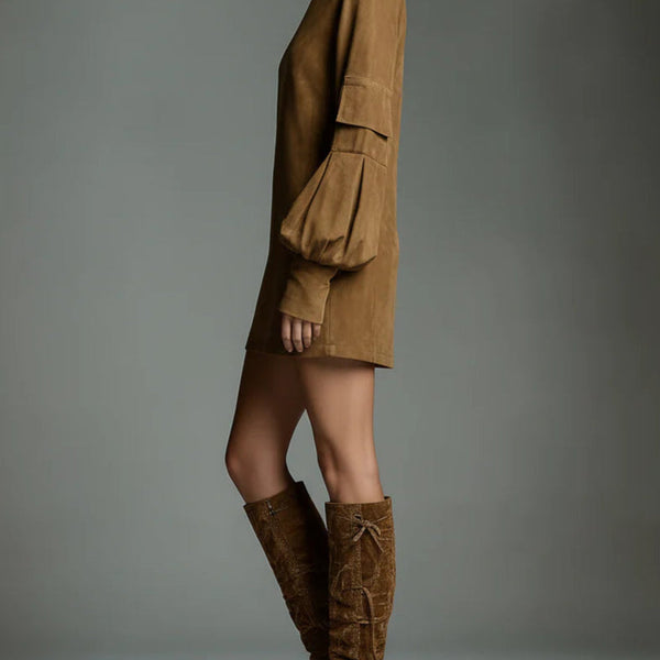 LILLY | SUEDE TURTLENECK MINI DRESS WITH VINTAGE CHARM