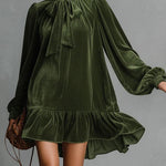 AVA LOOSE-FITTING VELVET MINI DRESS WITH NECKLINE BOW