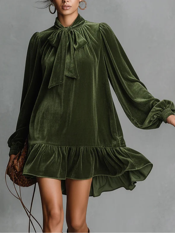 AVA LOOSE-FITTING VELVET MINI DRESS WITH NECKLINE BOW