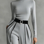 REFINED HIGH-NECK TOP & WIDE-LEG PANTS SET (FREE BELT)