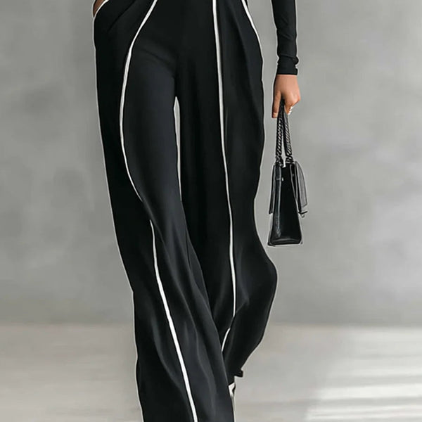REFINED HIGH-NECK TOP & WIDE-LEG PANTS SET (FREE BELT)