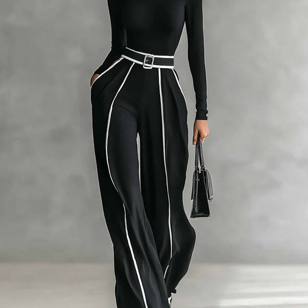 REFINED HIGH-NECK TOP & WIDE-LEG PANTS SET (FREE BELT)