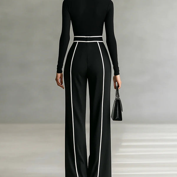REFINED HIGH-NECK TOP & WIDE-LEG PANTS SET (FREE BELT)