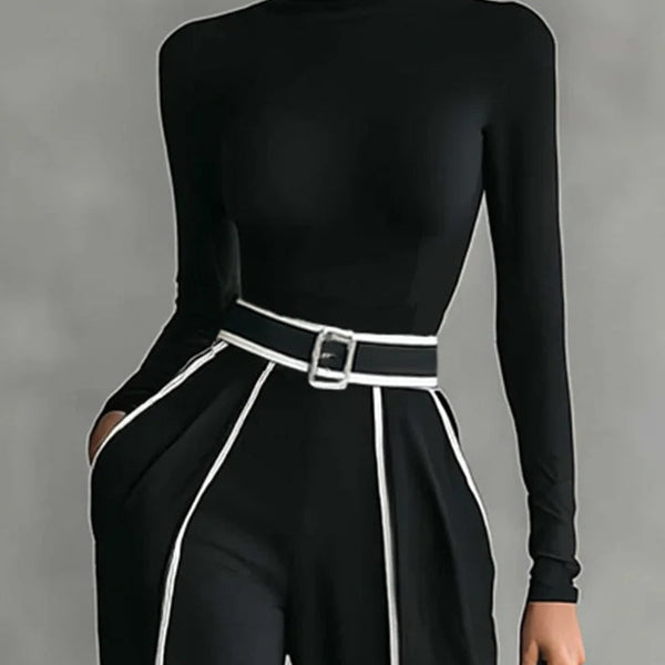 REFINED HIGH-NECK TOP & WIDE-LEG PANTS SET (FREE BELT)