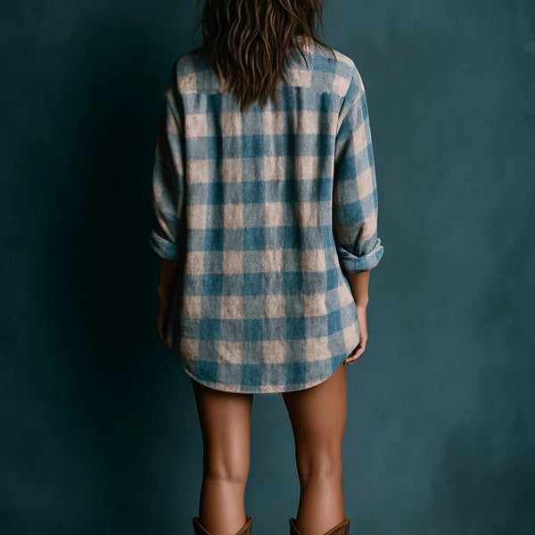SELENIE BLUE AND WHITE LOOSE PLAID HENLEY NECK LONG SLEEVE MINI DRESS