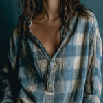 SELENIE BLUE AND WHITE LOOSE PLAID HENLEY NECK LONG SLEEVE MINI DRESS