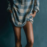 SELENIE BLUE AND WHITE LOOSE PLAID HENLEY NECK LONG SLEEVE MINI DRESS