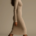 Beatrix | Beige Ribbed Knit Lapel Midi Dress