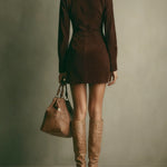 GWENETH BROWN FAUX SUEDE STAND COLLAR ZIPPER MINI DRESS