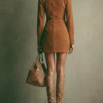 GWENETH BROWN FAUX SUEDE STAND COLLAR ZIPPER MINI DRESS