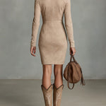 Arawen | Beige Slim Suede Neck Floral Lapel Midi Dress