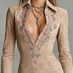 Arawen | Beige Slim Suede Neck Floral Lapel Midi Dress