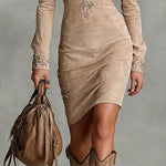 Arawen | Beige Slim Suede Neck Floral Lapel Midi Dress