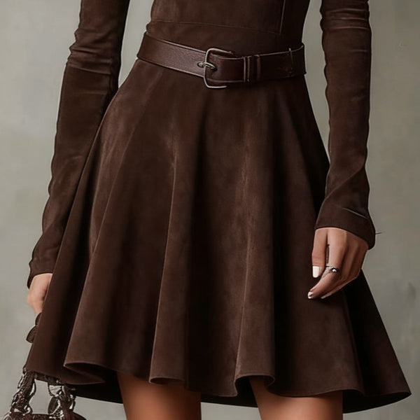 THALASSO VINTAGE DARK BROWN SUEDE MOCK NECK MINI DRESS