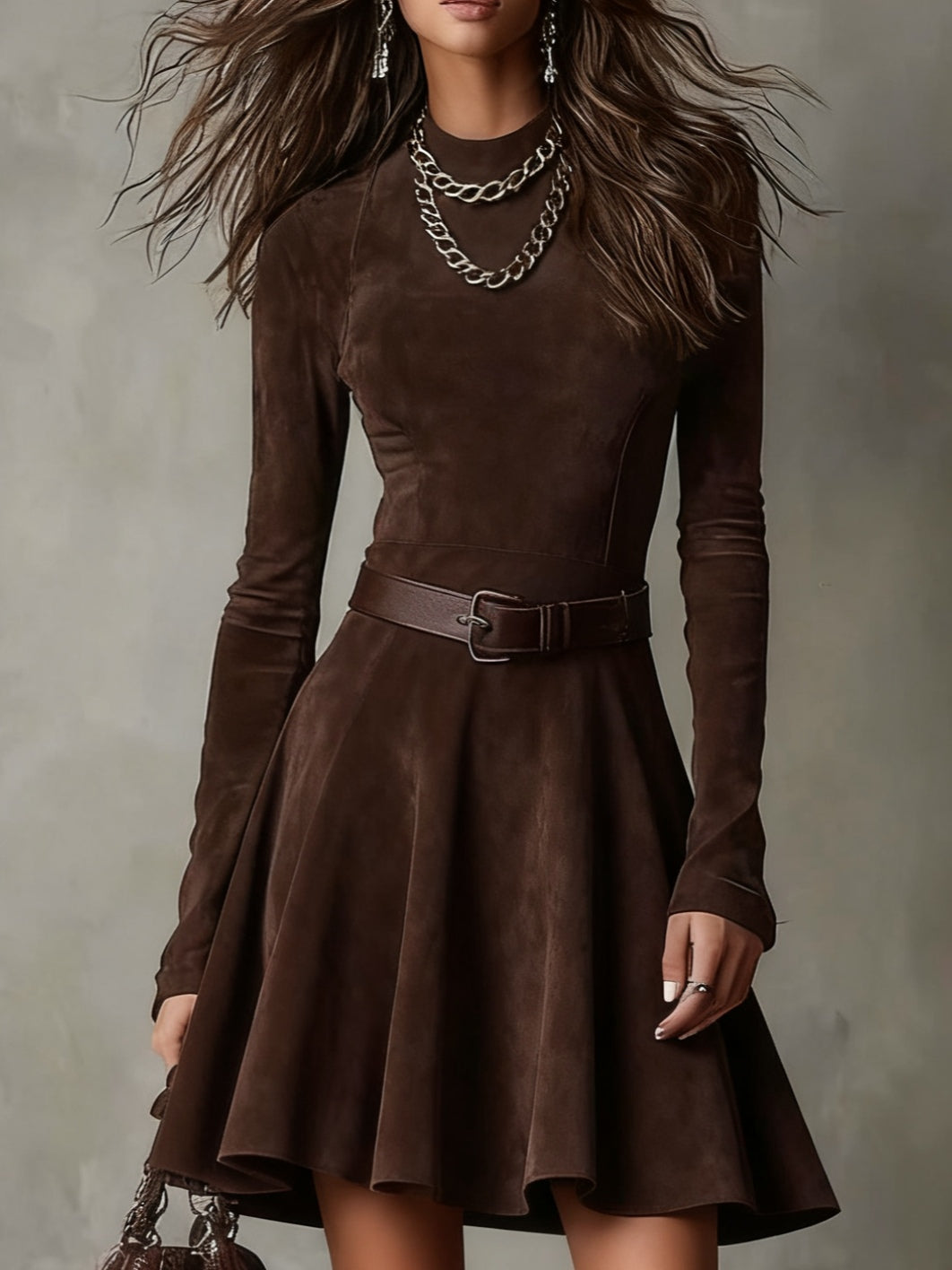 THALASSO VINTAGE DARK BROWN SUEDE MOCK NECK MINI DRESS
