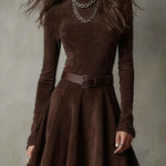 THALASSO VINTAGE DARK BROWN SUEDE MOCK NECK MINI DRESS