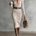 Delphino | Slim Fit Half Turtleneck V-Neck Long Sleeve Knitted Belted Midi Dress