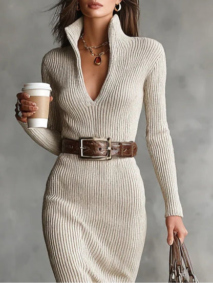 Delphino | Slim Fit Half Turtleneck V-Neck Long Sleeve Knitted Belted Midi Dress