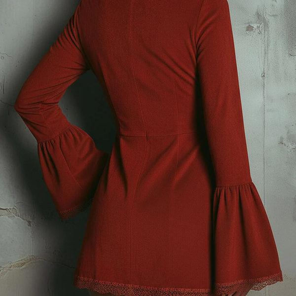 AUROLIA VINTAGE RUST RED BELL SLEEVE EMBROIDERED FAUX SUEDE LACE MINI DRESS