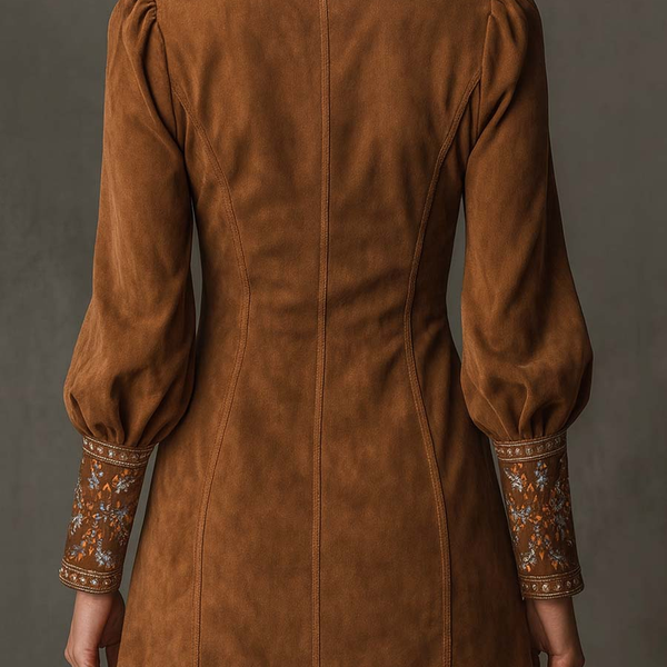 IZOLDA VINTAGE BROWN V-NECK SUEDE EMBROIDERED MINI DRESS