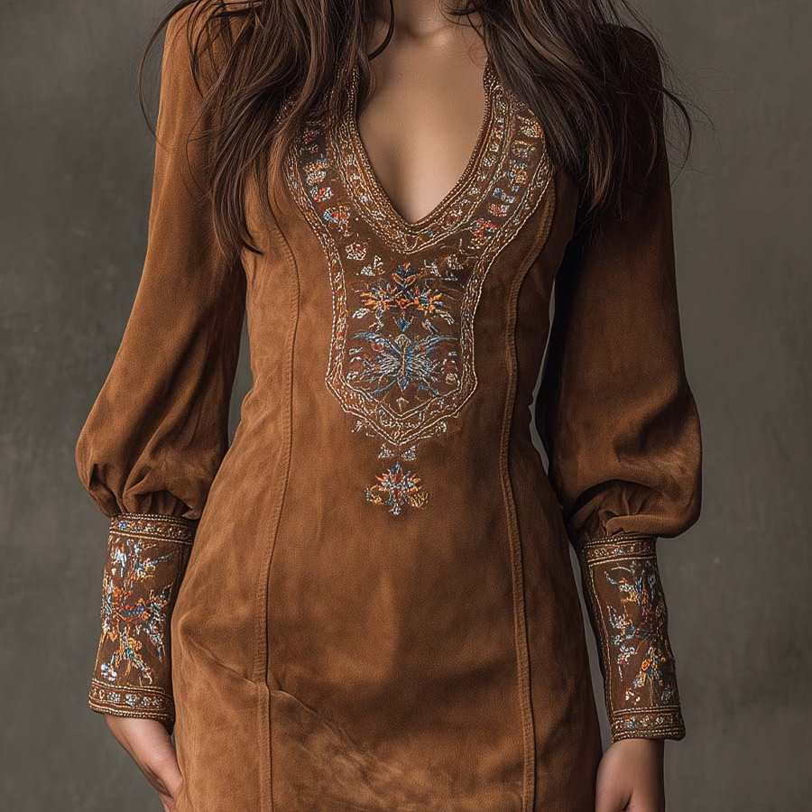IZOLDA VINTAGE BROWN V-NECK SUEDE EMBROIDERED MINI DRESS