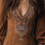 IZOLDA VINTAGE BROWN V-NECK SUEDE EMBROIDERED MINI DRESS