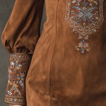 IZOLDA VINTAGE BROWN V-NECK SUEDE EMBROIDERED MINI DRESS