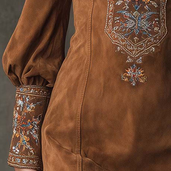 IZOLDA VINTAGE BROWN V-NECK SUEDE EMBROIDERED MINI DRESS