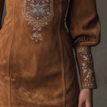 IZOLDA VINTAGE BROWN V-NECK SUEDE EMBROIDERED MINI DRESS