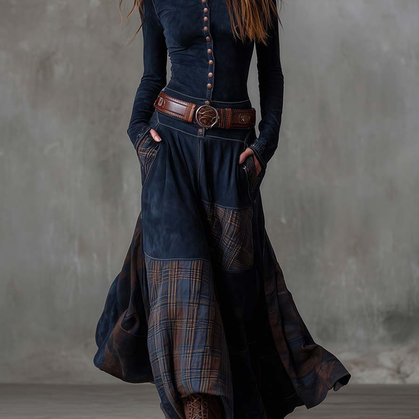 LEONE | VINTAGE LONG SUEDE CHECKERED DRESS (INCLUDES BELT)