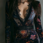 SELENE FLORAL VELVET MINI DRESS WITH V-NECK, LACE TRIM, AND FITTED SILHOUETTE