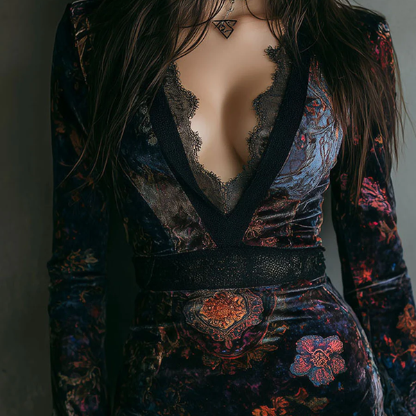SELENE FLORAL VELVET MINI DRESS WITH V-NECK, LACE TRIM, AND FITTED SILHOUETTE