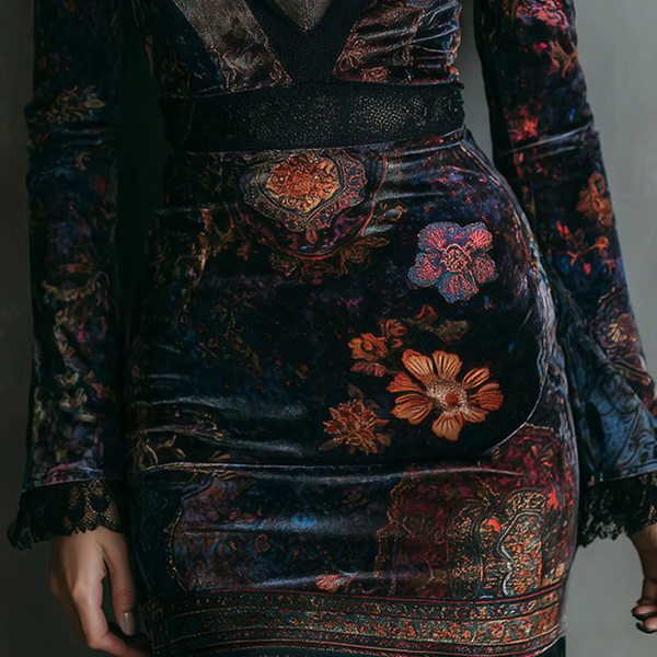 SELENE FLORAL VELVET MINI DRESS WITH V-NECK, LACE TRIM, AND FITTED SILHOUETTE