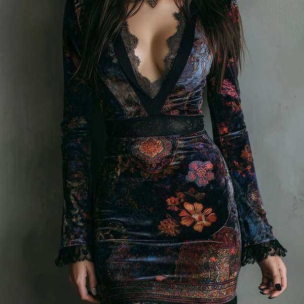 SELENE FLORAL VELVET MINI DRESS WITH V-NECK, LACE TRIM, AND FITTED SILHOUETTE