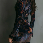 SELENE FLORAL VELVET MINI DRESS WITH V-NECK, LACE TRIM, AND FITTED SILHOUETTE