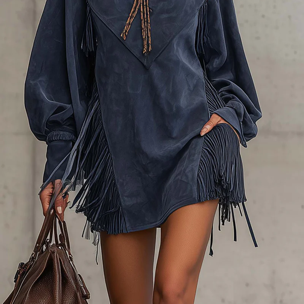 JUNO INDIGO SUEDE MINI DRESS WITH EMBROIDERED TASSELS AND STAND COLLAR