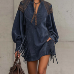JUNO INDIGO SUEDE MINI DRESS WITH EMBROIDERED TASSELS AND STAND COLLAR