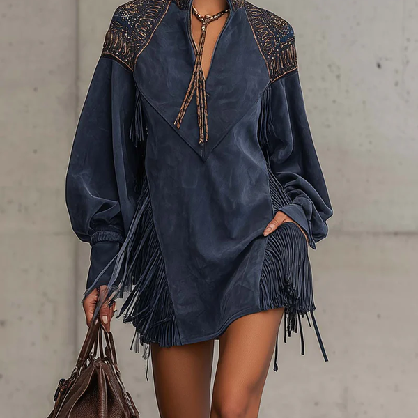 JUNO INDIGO SUEDE MINI DRESS WITH EMBROIDERED TASSELS AND STAND COLLAR