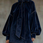 LIORA DARK BLUE VELVET MINI DRESS WITH BOW AND LANTERN SLEEVES