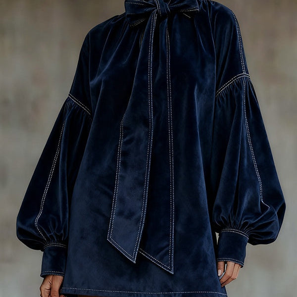 LIORA DARK BLUE VELVET MINI DRESS WITH BOW AND LANTERN SLEEVES