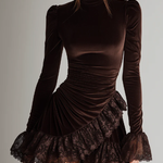 MAYA BROWN VELVET MINI DRESS WITH TURTLENECK AND RUFFLED HEM
