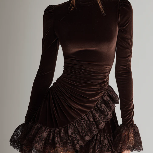 MAYA BROWN VELVET MINI DRESS WITH TURTLENECK AND RUFFLED HEM
