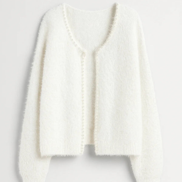 SASKIA | SOFT OPEN-FRONT PEARL-DETAIL CARDIGAN