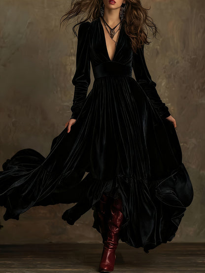 SERAFINA | RETRO OVERSIZED SKIRT LONG DRESS WITH DEEP V-NECK