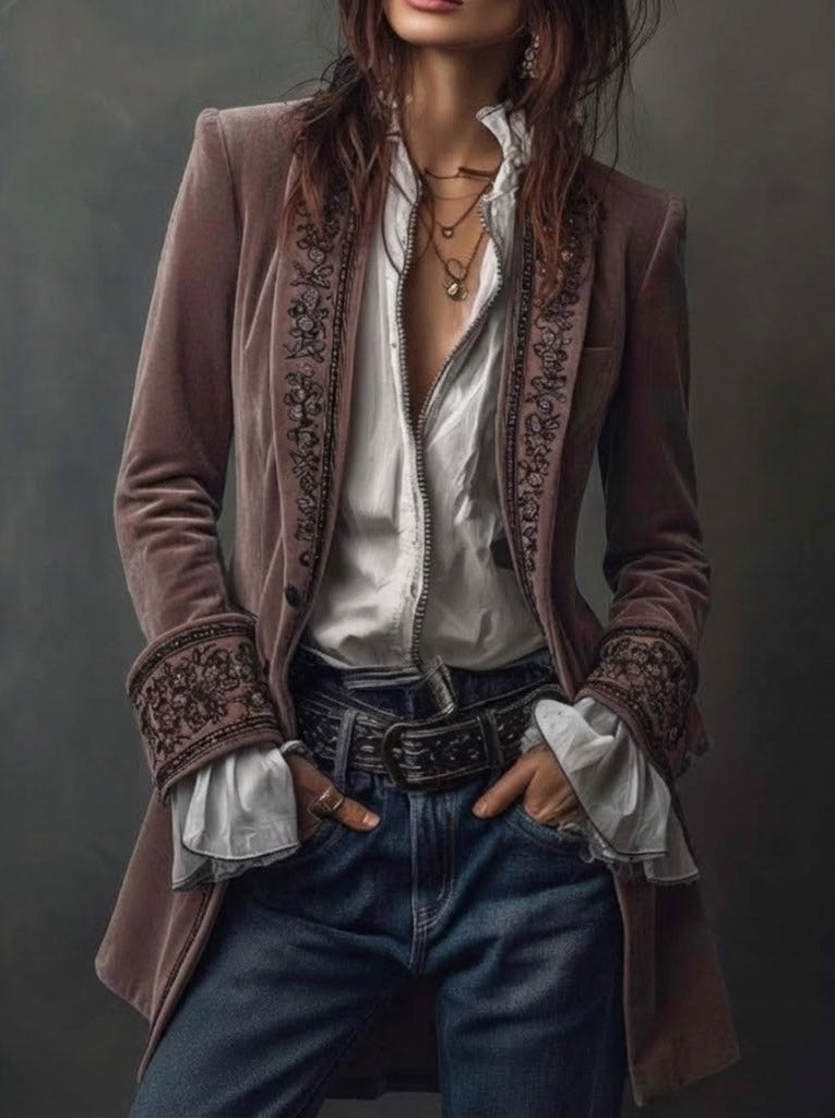 Erica | Long Vintage Velvet Jacket with Embroidery