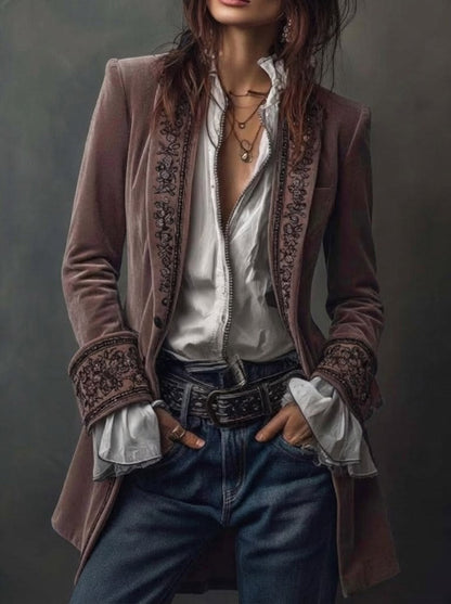 Erica | Long Vintage Velvet Jacket with Embroidery