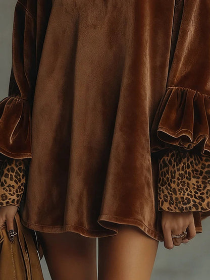 LILY VELVET MINI DRESS WITH LEOPARD PRINT, RUFFLED CUFFS AND HEM