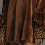 LILY VELVET MINI DRESS WITH LEOPARD PRINT, RUFFLED CUFFS AND HEM