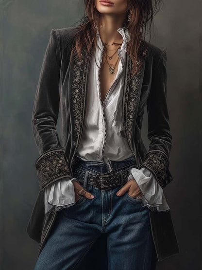 Erica | Long Vintage Velvet Jacket with Embroidery